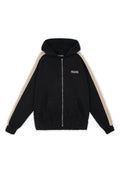 Schwarze Zip-Hoodie mit beigen Akzenten an den Ärmeln, Kordelzugkapuze und elastischen Bündchen. Verfügt über eine Fronttasche und das "PEGADOR"-Logo.