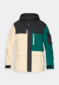 Farbenfrohe Blockjacke mit schwarzer Kapuze, cremefarbenem Körper und türkisfarbenen Akzenten. Verfügt über einen Druckknopfverschluss, mehrere Taschen und verstellbare Bündchen.
