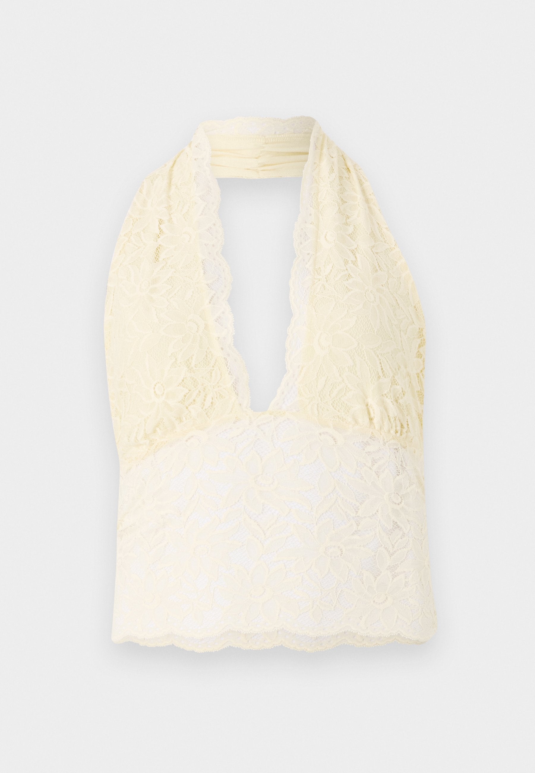 Spitzen-Haltertop in hellgelb mit tiefem V-Ausschnitt, verziert mit floralen Mustern, strukturiertem Spitze und einem gewellten Saum. Weicher, dehnbarem Stoff.