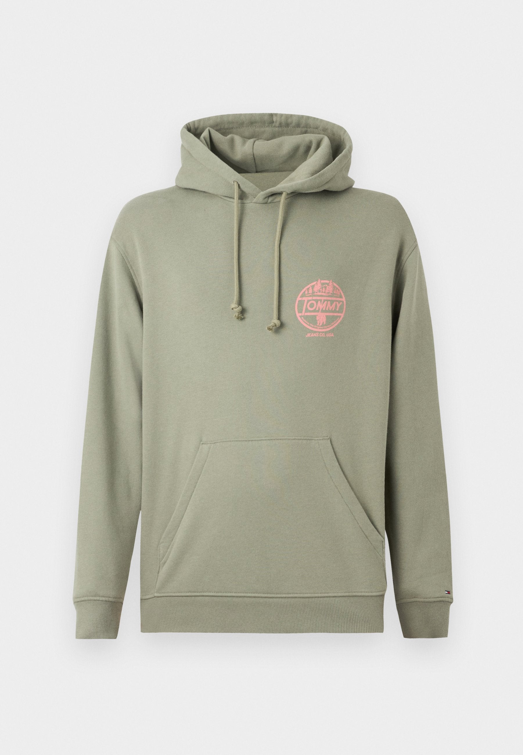 Olivegrüne Kapuzenjacke aus Baumwollmischung, mit einer Fronttasche, Kordelzugkapuze und einem rosa runden Logo auf der linken Brust.
