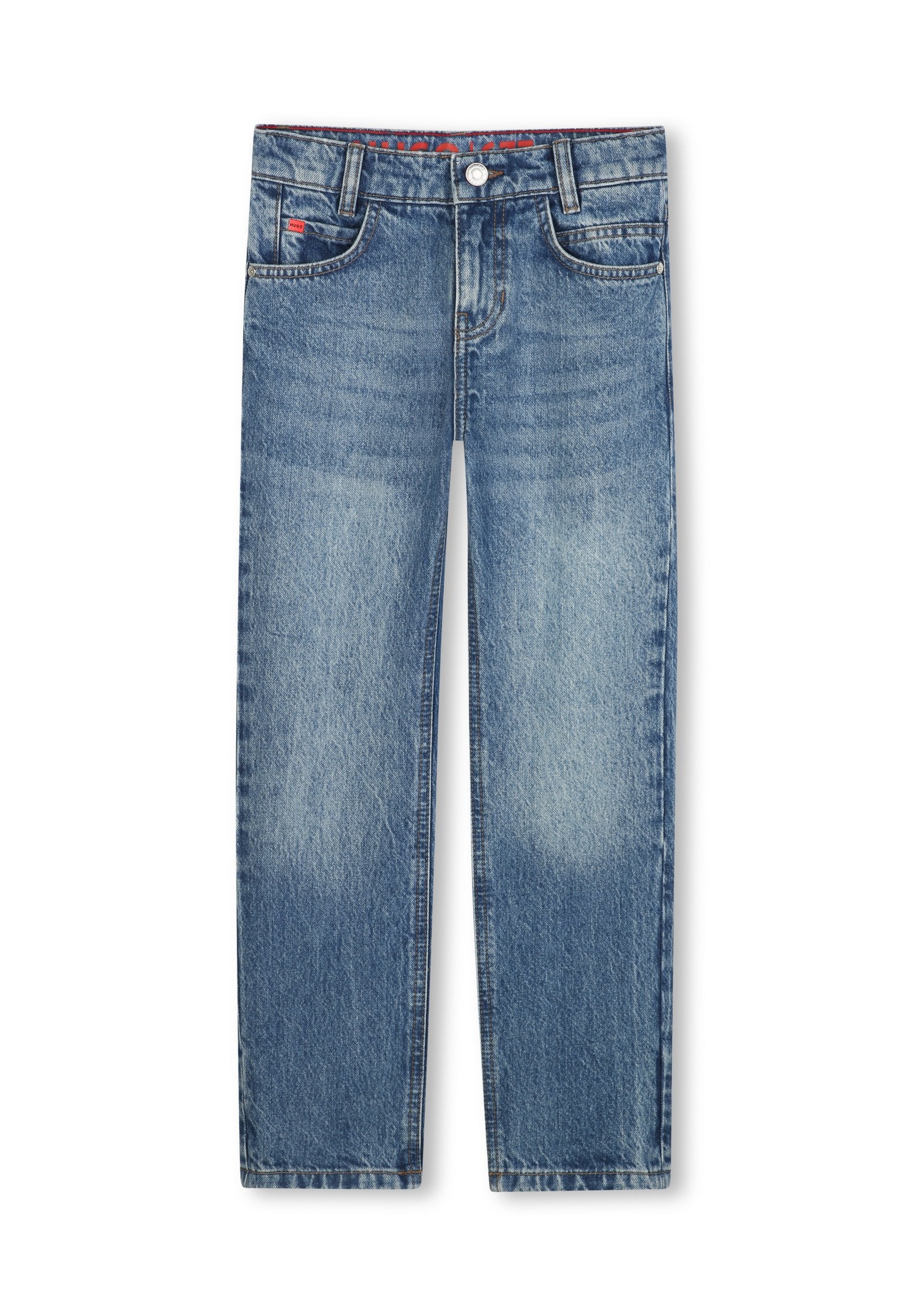 Helle blaue Jeans aus Denim mit geradem Schnitt, fünf Taschen und einem rot-blauen gemusterten Bund. Verwaschenes Design mit sichtbaren Nähten.