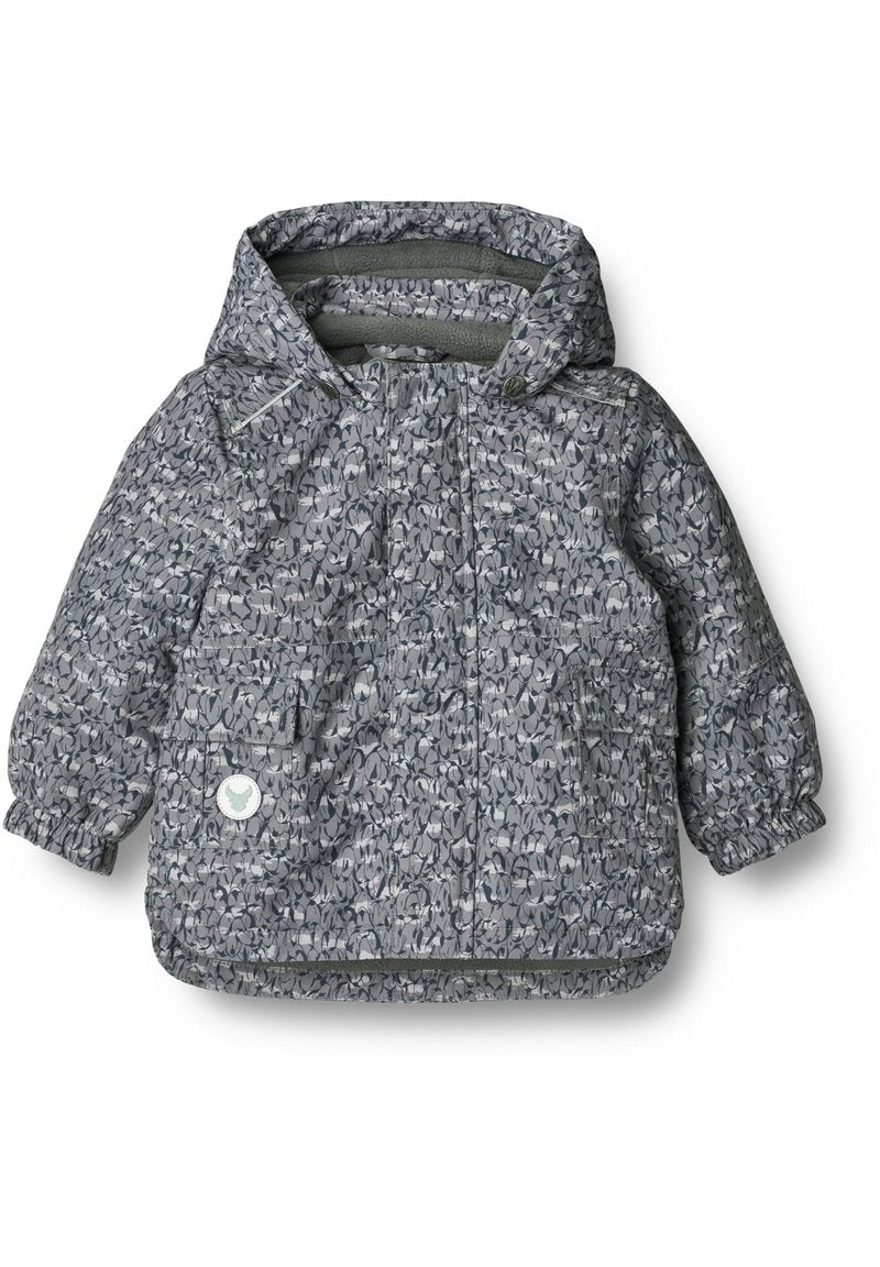 Grau gepolsterte Jacke mit einem Blumenmuster. Verfügt über eine Kapuze, elastische Bündchen und zwei Fronttaschen. Hergestellt aus strukturiertem, wasserabweisendem Material.