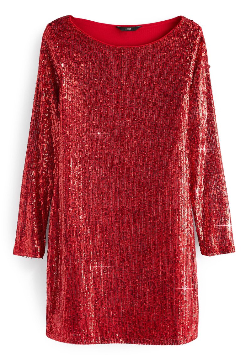 Rotes Pailletten-Kleid mit langen Ärmeln und rundem Ausschnitt. Der Stoff ist mit glänzenden, reflektierenden Pailletten bedeckt, was eine strukturierte Oberfläche erzeugt.
