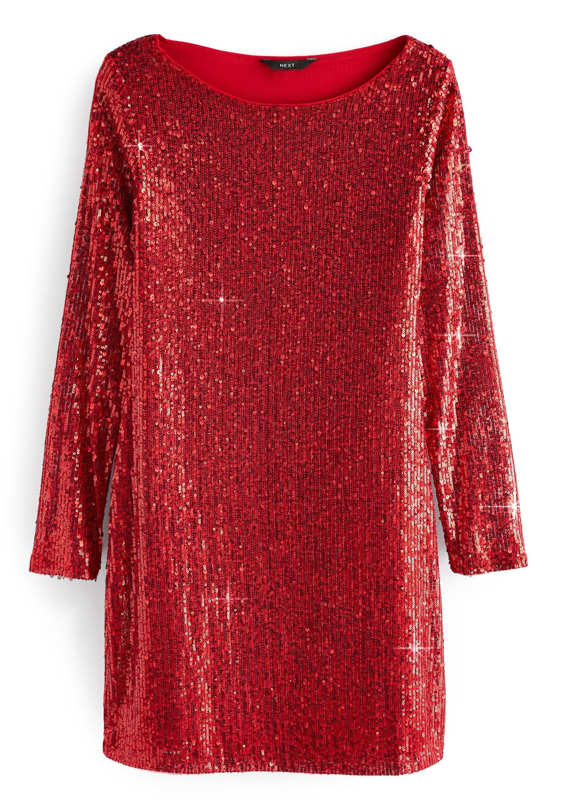 Rotes Pailletten-Kleid mit langen Ärmeln und rundem Ausschnitt. Der Stoff ist mit glänzenden, reflektierenden Pailletten bedeckt, was eine strukturierte Oberfläche erzeugt.