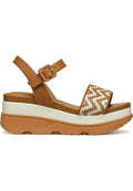 Braune Leder-Wedge-Sandalen mit einem geflochtenen Riemen, weißer Zwischensohle und strukturiertem Gummisohle. Verfügt über einen verstellbaren Knöchelriemen.