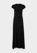 Schwarzes Maxikleid mit kurzen Ärmeln, versehen mit einer Schlüsselloch-Ausschnitt vorne und einer verstellbaren Kordel in der Taille. Glatter, dehnbarer Stoff.