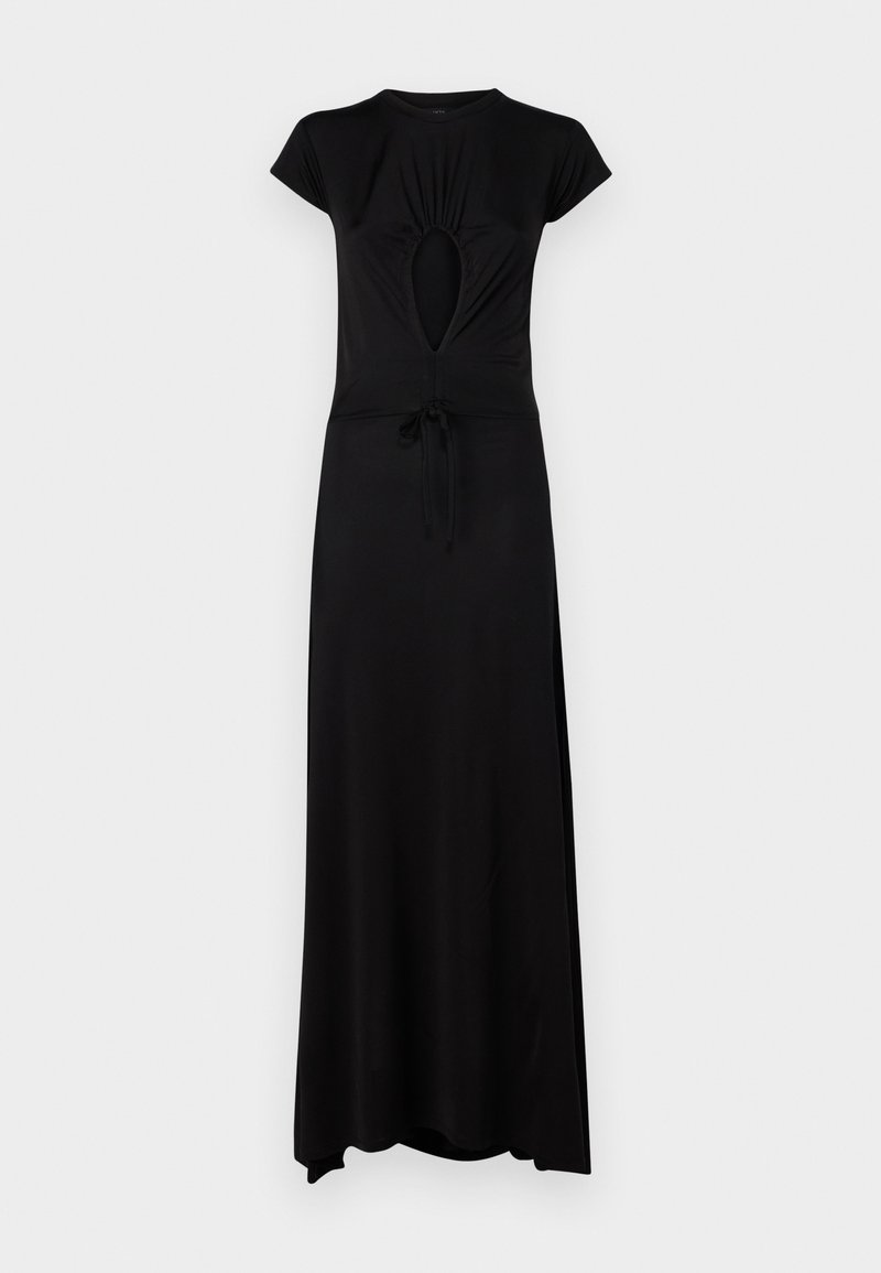 Schwarzes Maxikleid mit kurzen Ärmeln, versehen mit einer Schlüsselloch-Ausschnitt vorne und einer verstellbaren Kordel in der Taille. Glatter, dehnbarer Stoff.