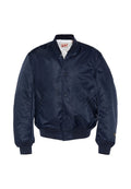 Marineblauer Bomberjacke aus glattem, glänzendem Stoff, mit gerippten Bündchen und Saum, sowie einer Knopfleiste mit weißem Innenfutter und Markenetikett.