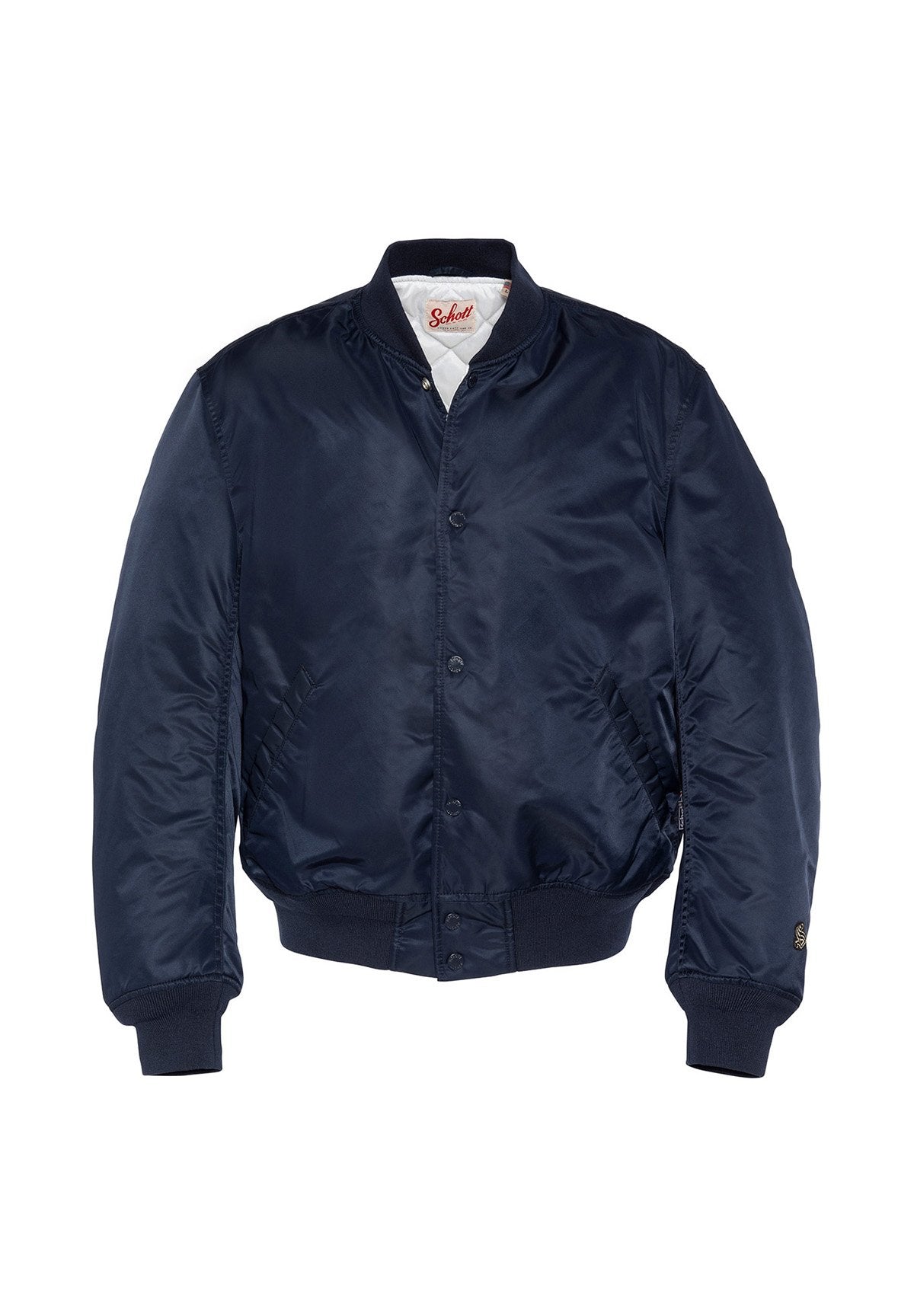 Marineblauer Bomberjacke aus glattem, glänzendem Stoff, mit gerippten Bündchen und Saum, sowie einer Knopfleiste mit weißem Innenfutter und Markenetikett.