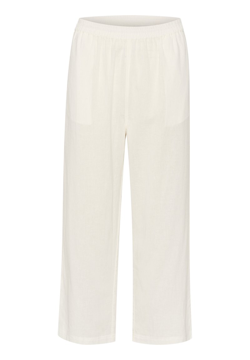 Weiße Leinen-Culotte-Hosen mit einem elastischen Bund, die locker sitzen, gerade Beine haben und keine sichtbaren Muster oder Akzente aufweisen.