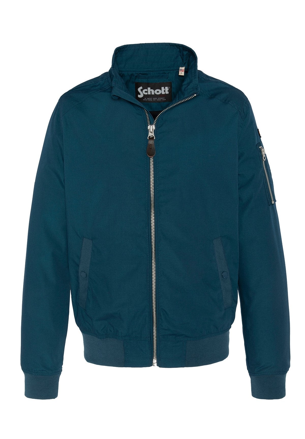 Marineblaue Bomberjacke aus leichtem Stoff, mit einem Frontreißverschluss, zwei Seitentaschen und einer Reißverschlusstasche am Arm. Gerippte Bündchen.
