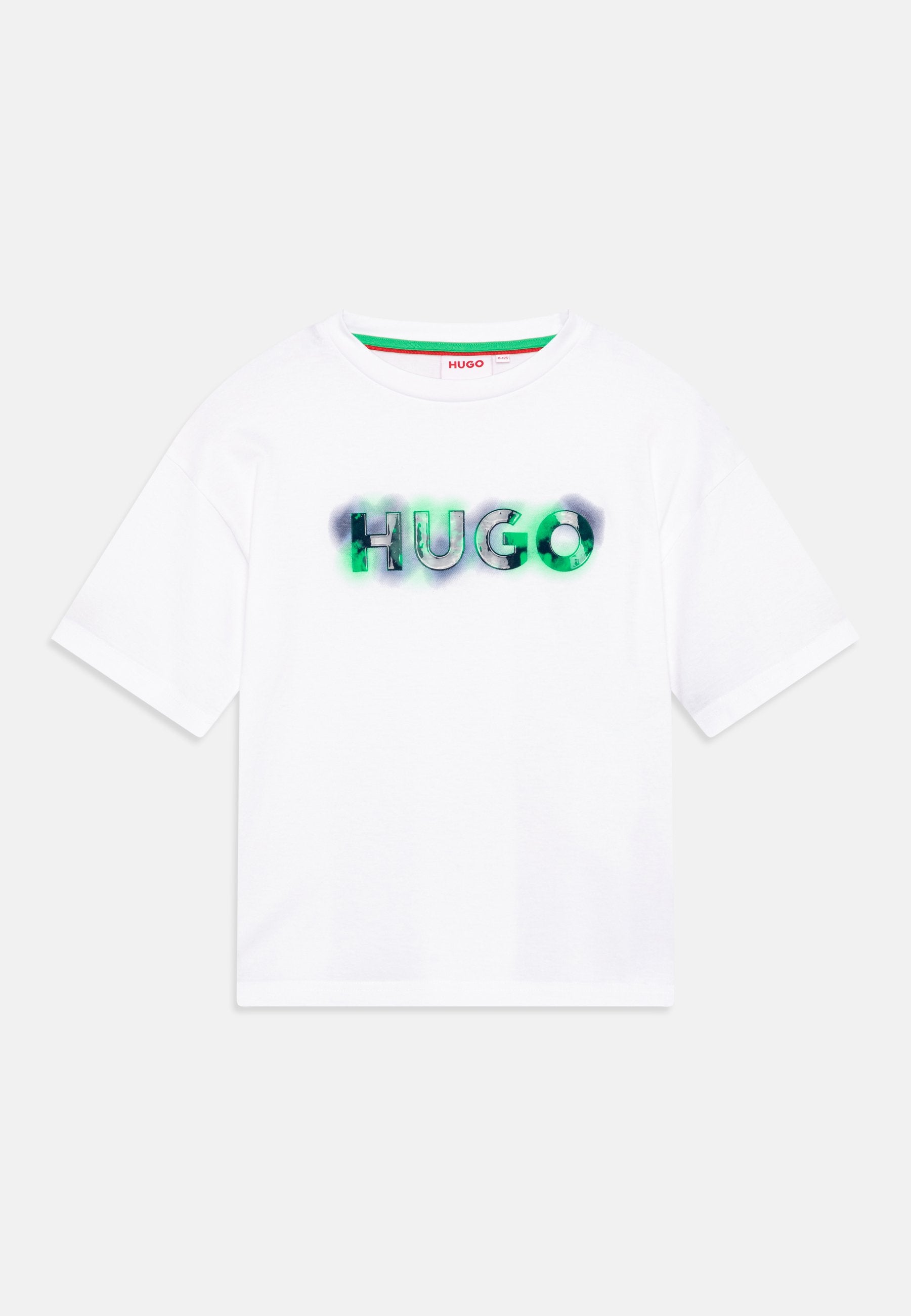 Weißes Baumwoll-T-Shirt mit "HUGO" in grünem und schwarzem Grafiktext auf der Vorderseite. Kurzärmliges Design mit Rundhalsausschnitt.