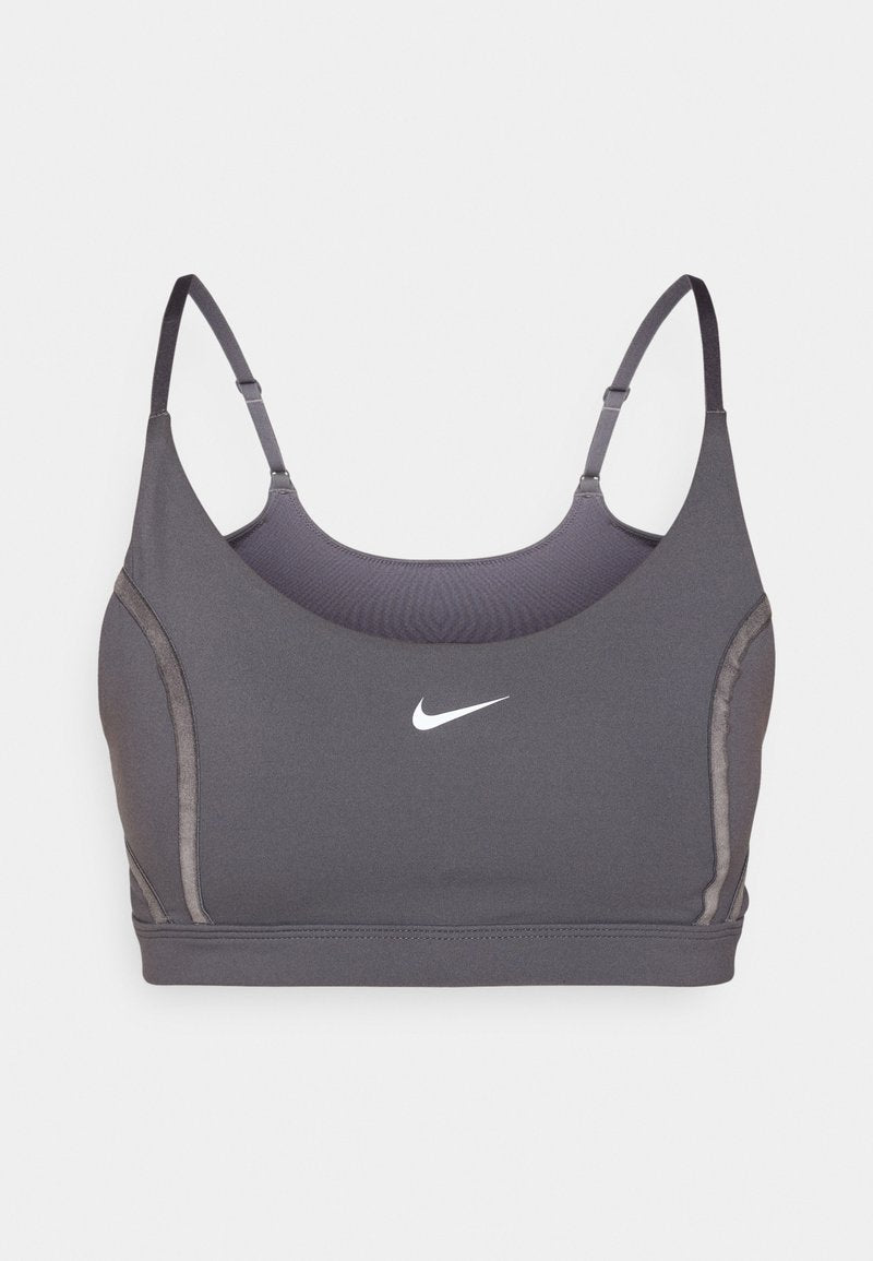 Sport-BH aus dunkelgrauem Stoff mit glatter Textur, featuring dünnen verstellbaren Trägern und einem kleinen weißen Nike-Logo auf der Vorderseite.