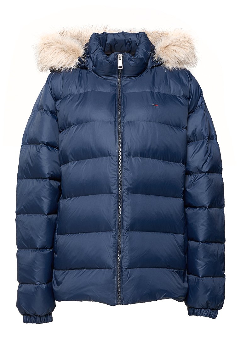 Marineblaue, wattierte Winterjacke mit Frontreißverschluss, hohem Kragen, elastischen Bündchen und abnehmbarer Kapuze mit beigem Kunstpelzbesatz.