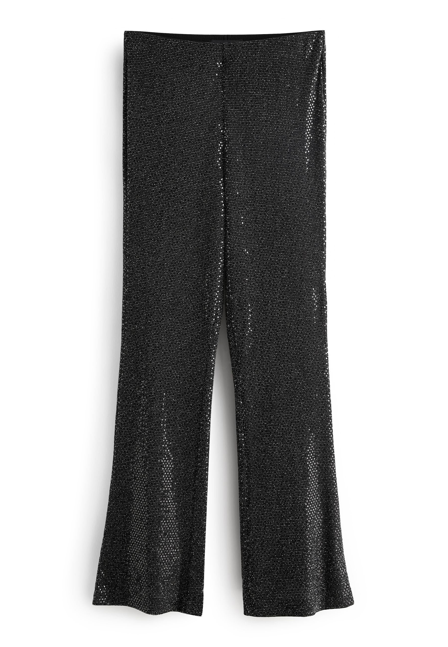 Schwarze Pailletten-Hosen mit schmalem Schlag und glatter Textur, ausgestattet mit einem hohen Bund und einer glänzenden, reflektierenden Oberfläche.
