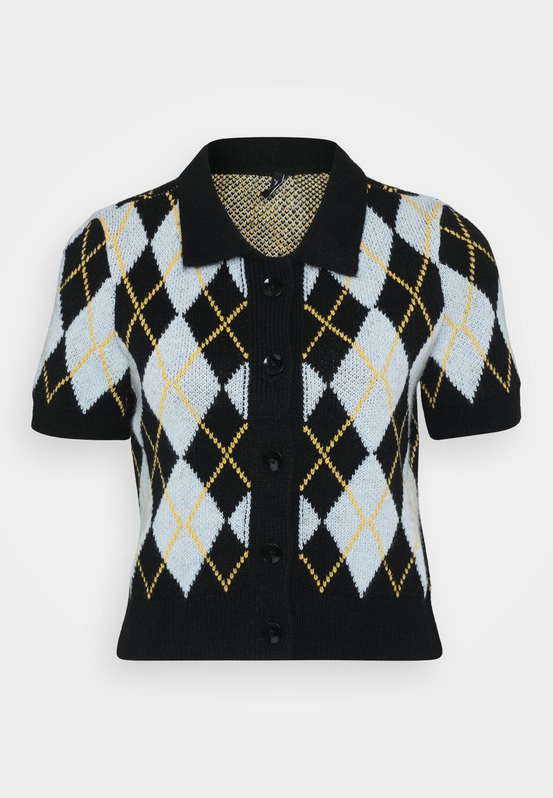 Schwarze Kurzarm-Cardigan mit einem Argyle-Muster in Hellblau, Weiß, Schwarz und Gelb. Knopfleiste vorne mit Kragen. Strukturiertes Strickgewebe.