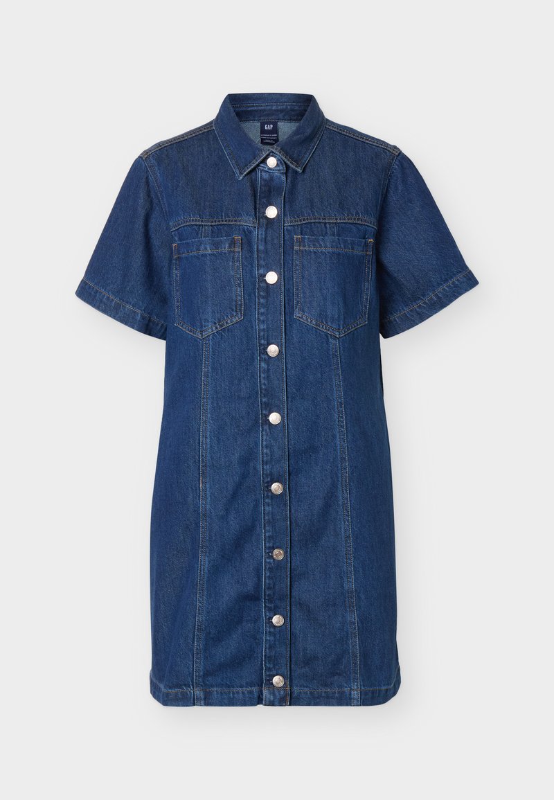 Jeanskleid mit kurzen Ärmeln, Knopfleiste vorne, Kragen und zwei Brusttaschen in dunkler blauer Waschung.