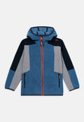 Blau-grau-schwarze Kapuzenjacke mit orangefarbenem Reißverschluss und Reißverschlusstaschen an den Seiten, sportliches Design und CMP-Logo auf der Schulter.
