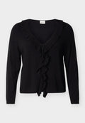 Schwarzer Cardigan mit langen Ärmeln, V-Ausschnitt und gerafftem Besatz entlang des Halsausschnitts und in der Mitte. Zum Verschließen wird er an der Taille gebunden.