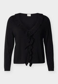Schwarzer Cardigan mit langen Ärmeln, V-Ausschnitt und gerafftem Besatz entlang des Halsausschnitts und in der Mitte. Zum Verschließen wird er an der Taille gebunden.