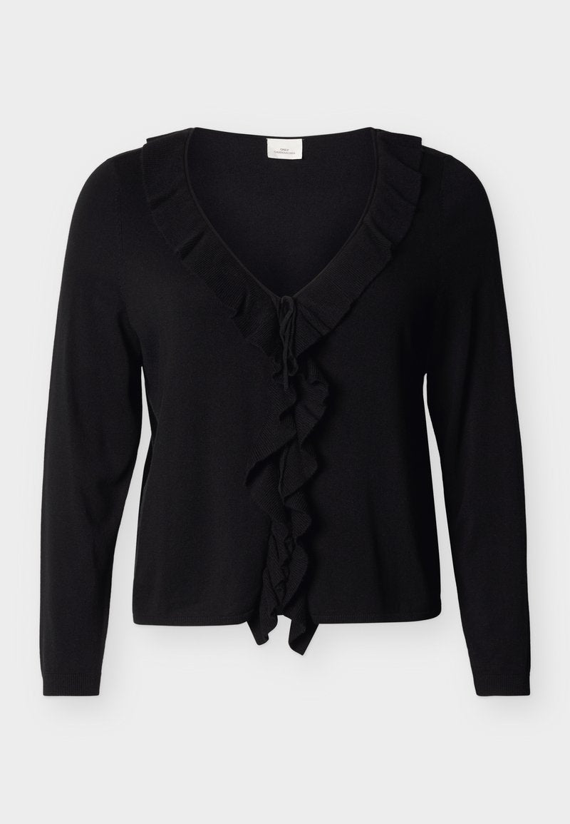 Schwarzer Cardigan mit langen Ärmeln, V-Ausschnitt und gerafftem Besatz entlang des Halsausschnitts und in der Mitte. Zum Verschließen wird er an der Taille gebunden.