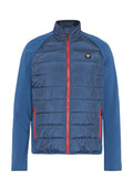 Blaue Jacke mit gesteppter Vorderseite, ausgestattet mit einem hohen Kragen und rotem Reißverschluss. Glatte Stoffärmel und Brustbereich. Logo auf der linken Seite.