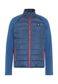 Blaue Jacke mit gesteppter Vorderseite, ausgestattet mit einem hohen Kragen und rotem Reißverschluss. Glatte Stoffärmel und Brustbereich. Logo auf der linken Seite.