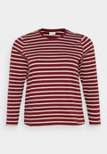 Bordeauxfarbendes Langarmshirt mit horizontalen cremefarbenen Streifen, runder Halsausschnitt, weichem Baumwollmaterial und lockerem Schnitt.