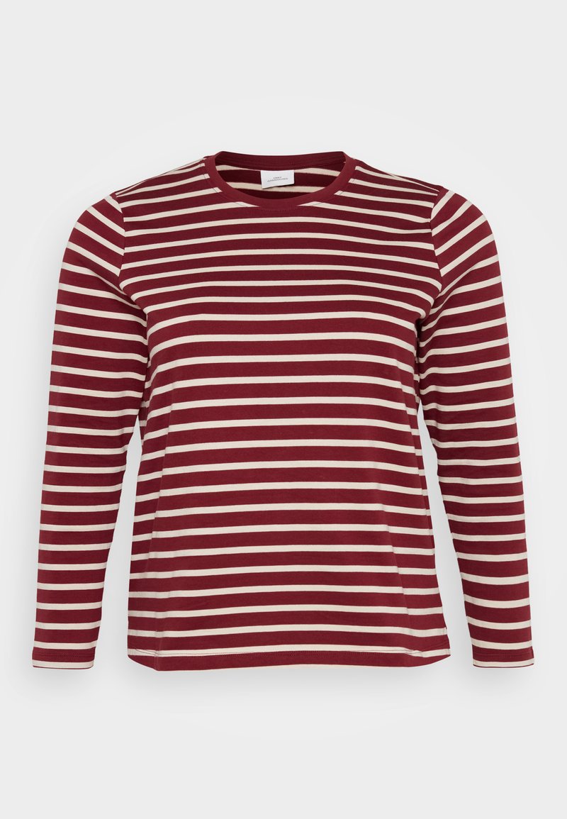 Bordeauxfarbendes Langarmshirt mit horizontalen cremefarbenen Streifen, runder Halsausschnitt, weichem Baumwollmaterial und lockerem Schnitt.