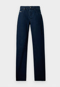 Dunkelblaue Jeans aus Denim mit geradem Bein, vorne mit Knopfverschluss und klassischen Taschen.