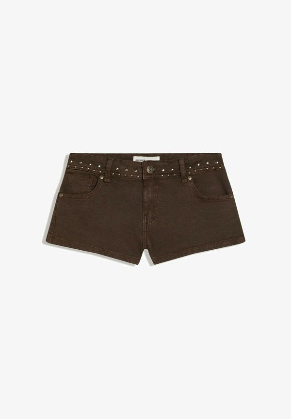 Bershka STUDDED TWILL SHORTS 01723335 - Denim shorts - dark brown