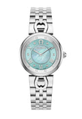 Silberner Metallarmbanduhr mit rundem Ziffernblatt, hellblauem Perlmuttzifferblatt, römischen Ziffern und mit Diamanten akzentuierten Markierungen. Verfügt über ein verlinktes Armband.