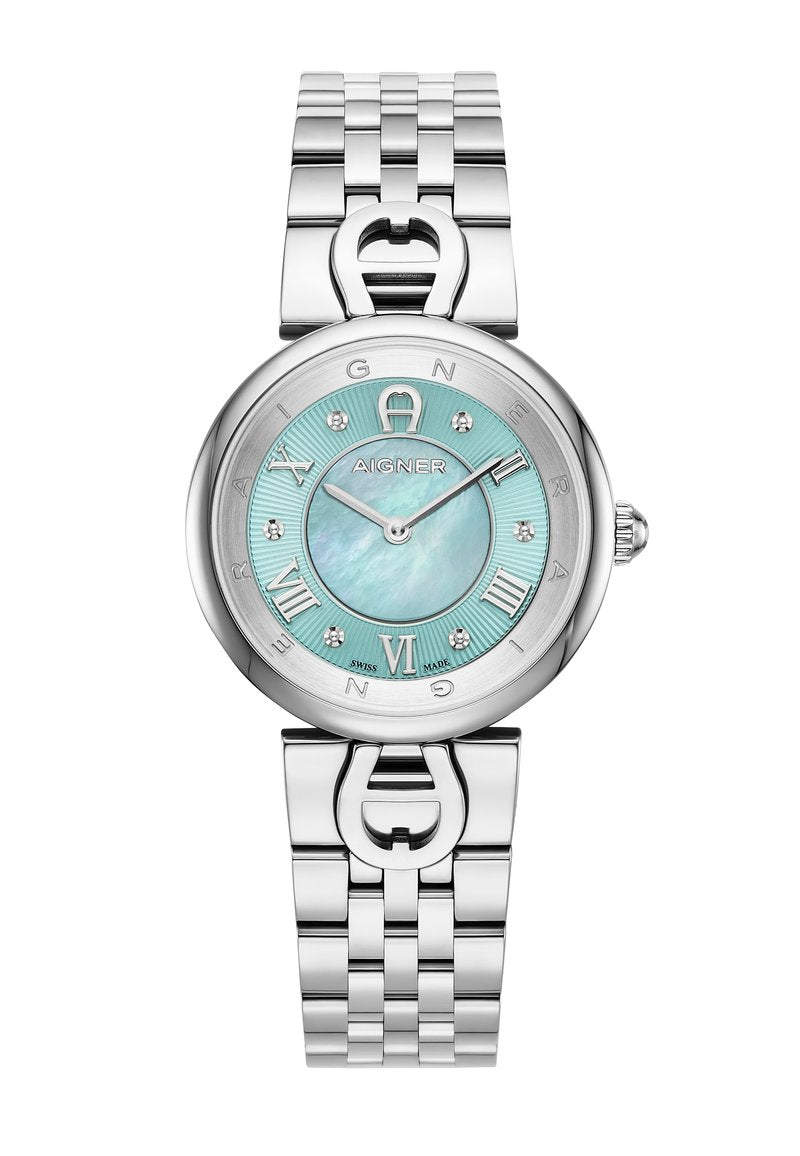 Silberner Metallarmbanduhr mit rundem Ziffernblatt, hellblauem Perlmuttzifferblatt, römischen Ziffern und mit Diamanten akzentuierten Markierungen. Verfügt über ein verlinktes Armband.