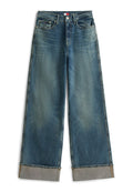 Weit geschnittene Jeans aus Denim in mittlerem Blau, mit hohem Bund, silbernen Beschlägen und umgeschlagenen Säumen mit kontrastierendem Innenstoff.
