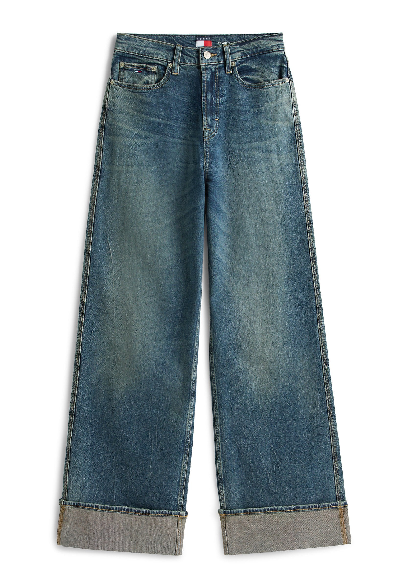 Weit geschnittene Jeans aus Denim in mittlerem Blau, mit hohem Bund, silbernen Beschlägen und umgeschlagenen Säumen mit kontrastierendem Innenstoff.