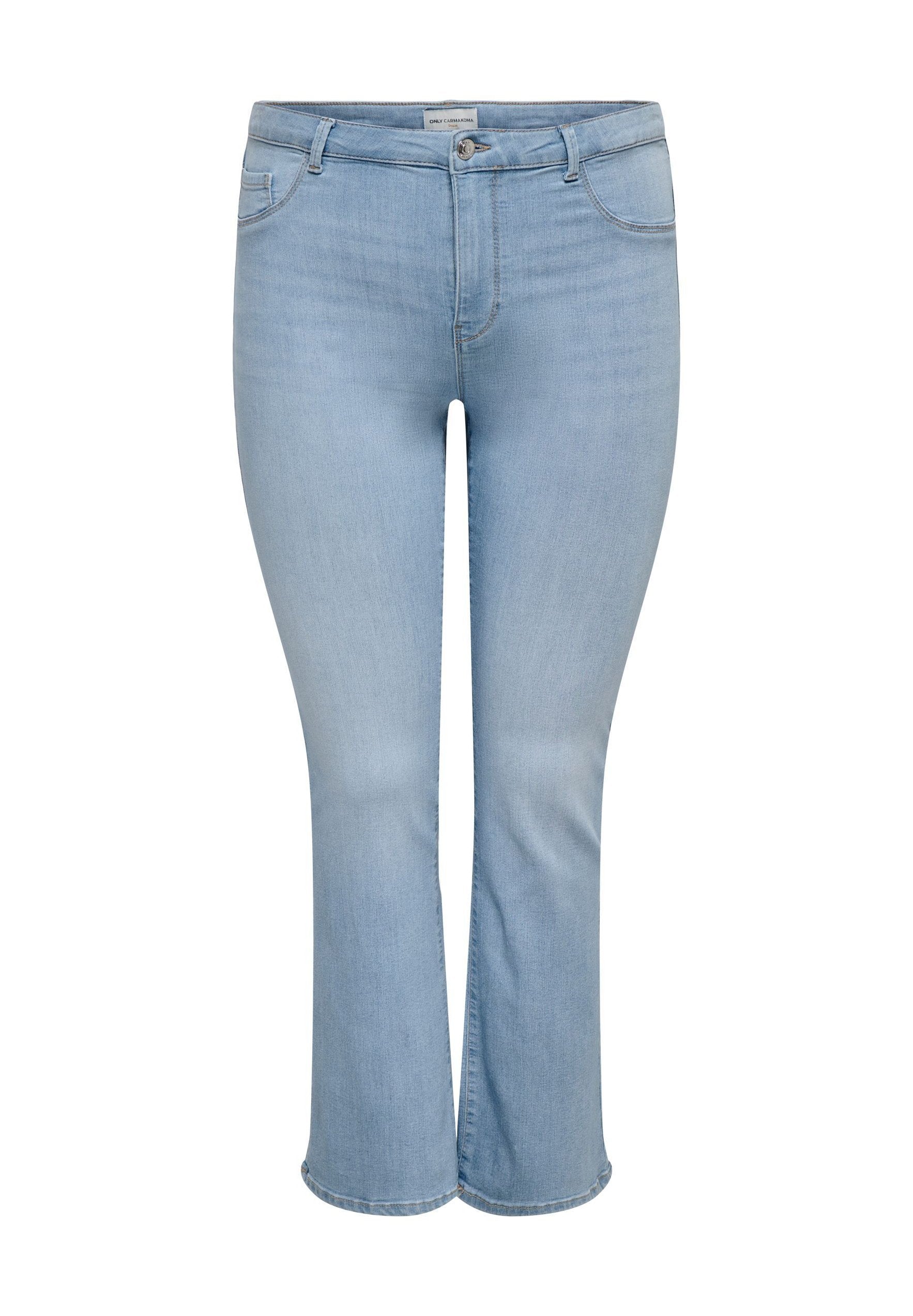 Hellblaue Denim-Jeans mit hoher Taille, Knopf- und Reißverschluss, Taschen vorne und hinten sowie leicht ausgestellten Beinen.