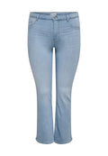 Hellblaue Denim-Jeans mit hoher Taille, Knopf- und Reißverschluss, Taschen vorne und hinten sowie leicht ausgestellten Beinen.