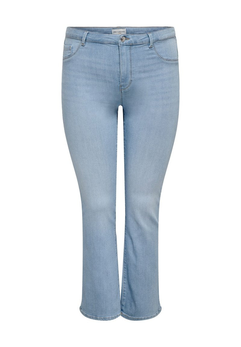 Hellblaue Denim-Jeans mit hoher Taille, Knopf- und Reißverschluss, Taschen vorne und hinten sowie leicht ausgestellten Beinen.