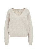 Helle beige gestrickte Pullover mit V-Ausschnitt, der ein strukturiertes Muster aus verwobenen Kreisen sowie gerippte Ärmelbündchen und Saum aufweist.