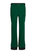 Grüne wasserdichte Hose mit geradem Schnitt, elastischem Bund, Cargo-Taschen, seitlichen Reißverschlusstaschen und schwarzem unteren Saum.