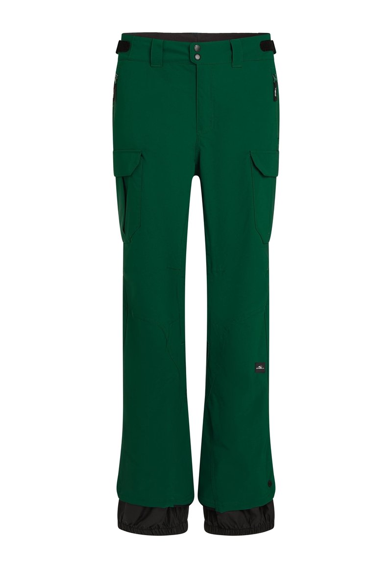 Grüne wasserdichte Hose mit geradem Schnitt, elastischem Bund, Cargo-Taschen, seitlichen Reißverschlusstaschen und schwarzem unteren Saum.
