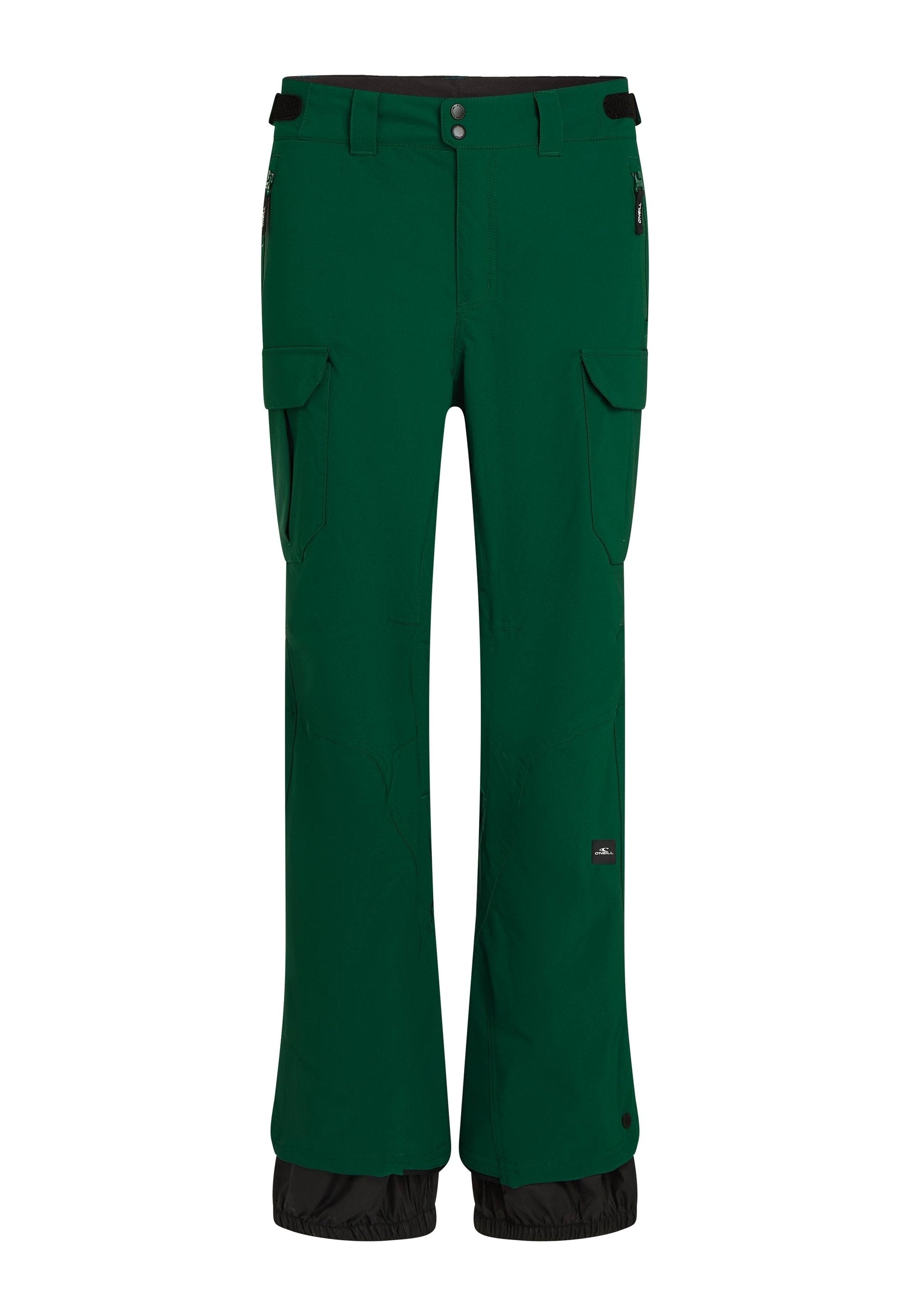 Grüne wasserdichte Hose mit geradem Schnitt, elastischem Bund, Cargo-Taschen, seitlichen Reißverschlusstaschen und schwarzem unteren Saum.