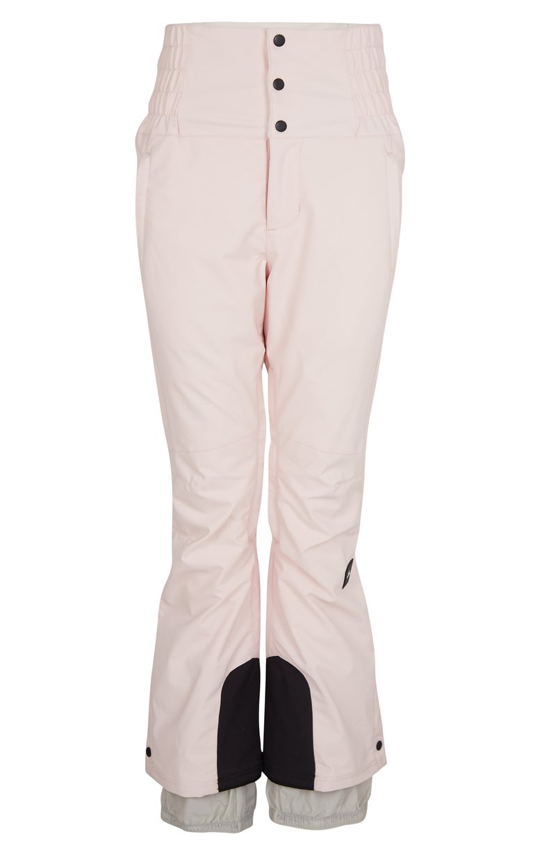 Helle rosa Schneehosen mit hohem Taillenbund, drei schwarzen Knöpfen und schwarzen Akzenten an den Bündchen; glattes, wasserdichtes Material mit lockerer Passform.