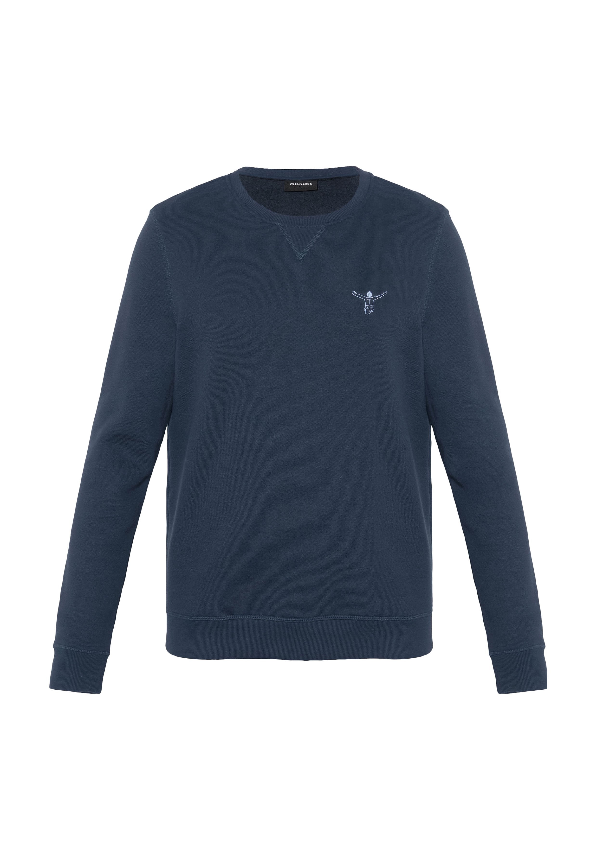 Marineblaue Sweatshirt mit Rundhalsausschnitt und langen Ärmeln, mit kleinem hellblau besticktem Logo auf der linken Brust.