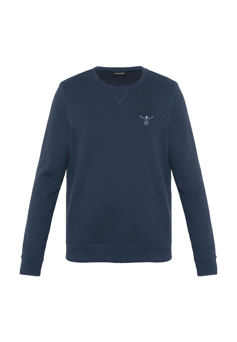 Marineblaue Sweatshirt mit Rundhalsausschnitt und langen Ärmeln, mit kleinem hellblau besticktem Logo auf der linken Brust.