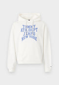 Weißer Hoodie aus weichem Material, mit einem großen blauen Aufdruck "TOMMY ATHLDPT JEANS NEW YORK". Enthält eine Vordertasche und einen Kordelzug.