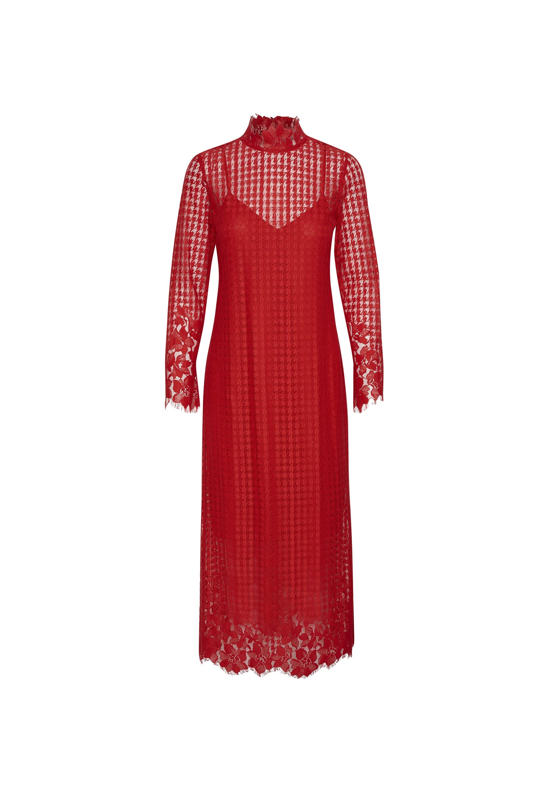 Rotes Spitzenkleid mit hohem Kragen, langen Ärmeln und floralen Mustern. Durchsichtiger Stoff und gesäumter Saum betonen das Design.
