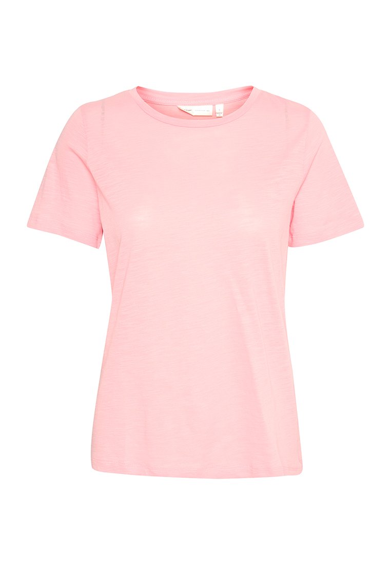 Helles rosa T-Shirt mit kurzen Ärmeln und Rundhalsausschnitt, mit glatter Textur und normaler Passform, auf einem weißen Hintergrund präsentiert.