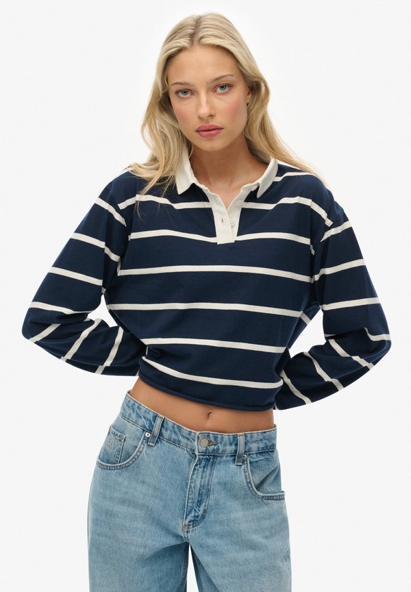 Superdry & Co ATHLETIC ESSENTIALS CROPPED STRIPE RUGBY  - Polo shirt - richest navy ecru stripe