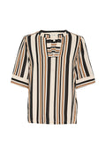 Gestreifte Bluse in Creme, Braun und Schwarz. Kurze Ärmel, runder Halsausschnitt mit einem Schlitz und lockerer Passform. Glattes, leichtes Material.